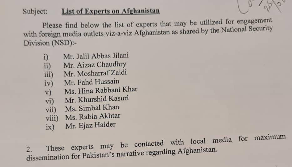 a_siab's tweet photo. The list of “experts” on Afg issued by National Security Division exposes the nature of  Project Taliban run by the security state. No one will have problem with any genuine expert from any socio ethnic background but here are all establishment’s mouth pieces from the Punjab. https://t.co/y5f3MipOCm