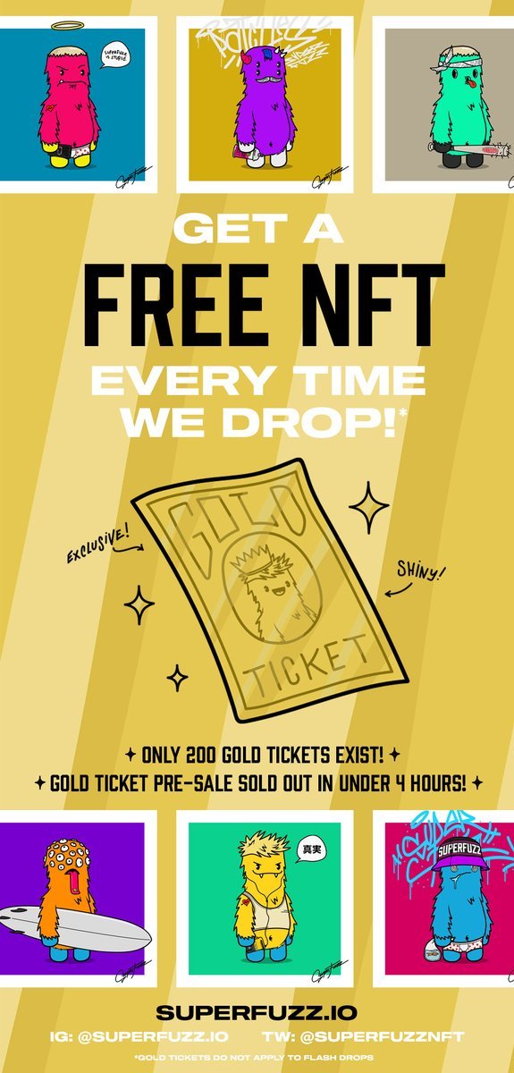 💜 Unique #NFTGiveaway 💜

Gold Tickets are SOLD OUT and floorprice is 0.37ETH! I got my hands on one😍 #Giveaway time! You know what to do. 

"Bad Batch" drop of 777 Sept 5th. 

💜 Follow @superfuzznft + Me
💜 Retweet + Tag 3 NFT friends
💜 Join: discord.gg/9cq27QAyUY

#NFTs
