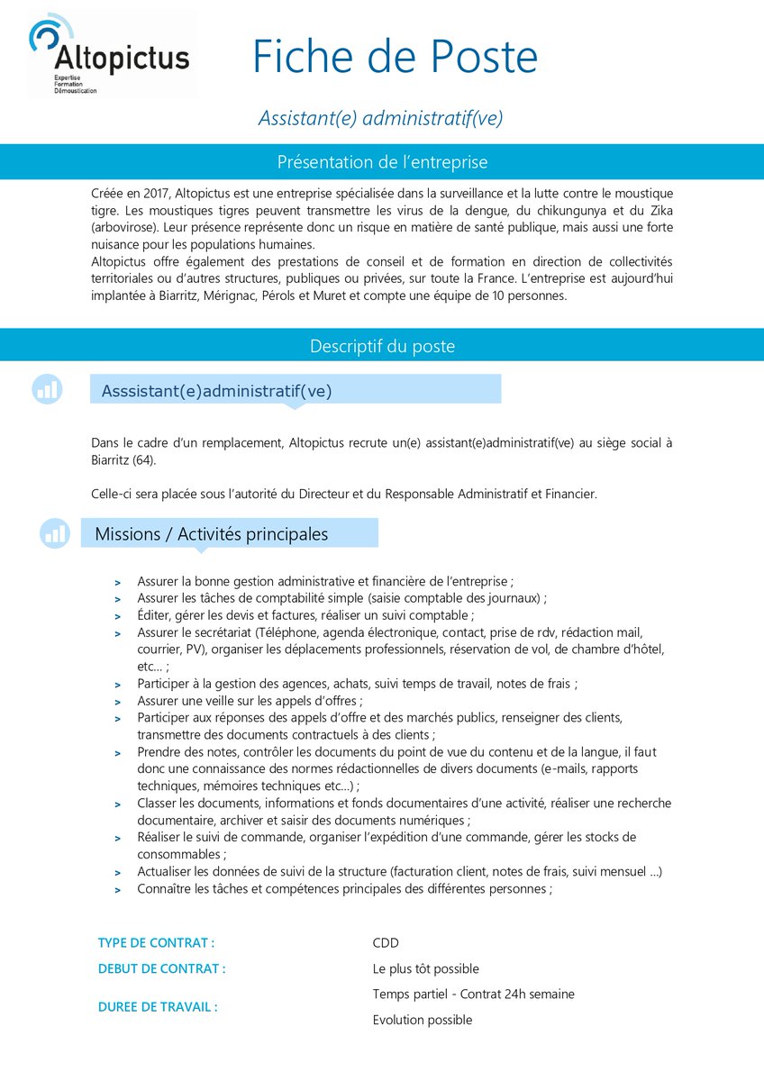 altopictus's tweet photo. 🚨 #recrutement
Nous recherchons un(e) assistant(e) administratif(ve) pour venir rejoindre notre équipe, #CDD de 9 mois, évolutif, basé au siège social à @Ville2Biarritz https://t.co/SViarvebRg