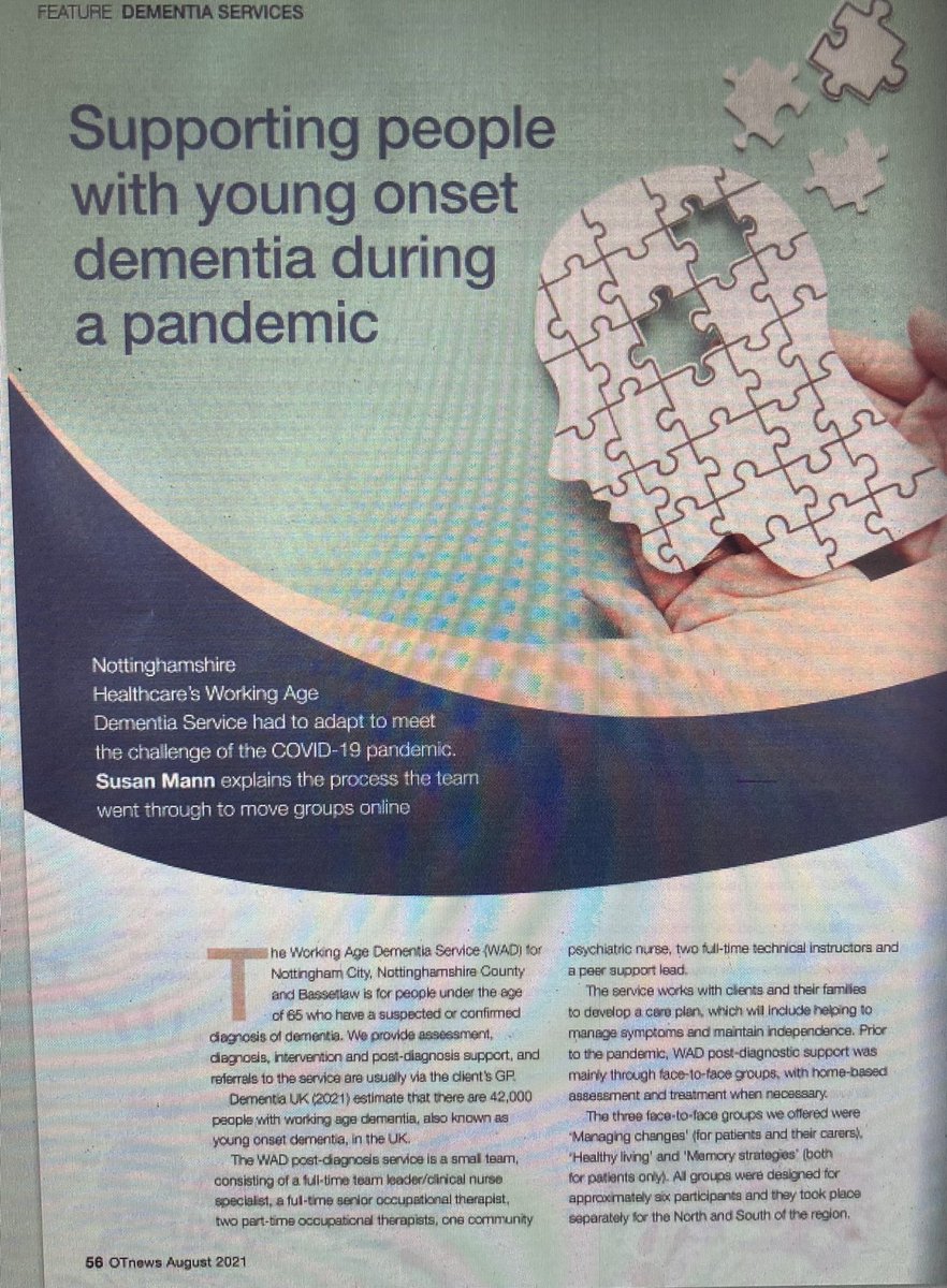 caldwell_pt's tweet photo. Great article in the OT News showing how our working age dementia service adapted during the pandemic. Well done Susan Mann and the team @NottsWa #dementia https://t.co/NJd0ySFHL3