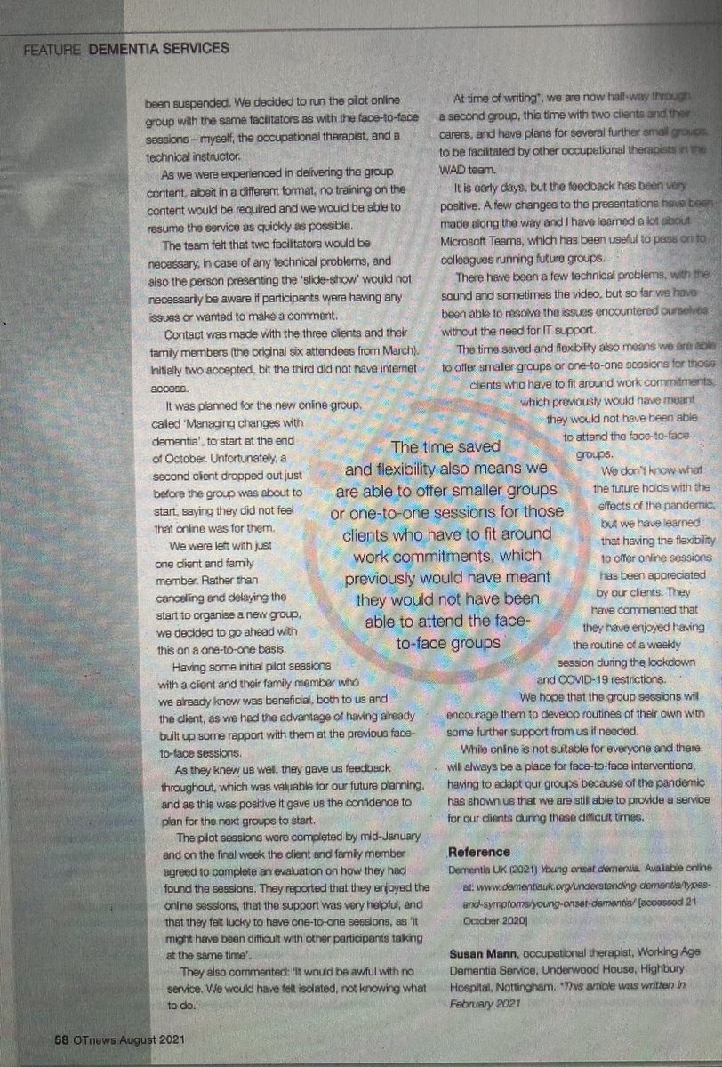 caldwell_pt's tweet photo. Great article in the OT News showing how our working age dementia service adapted during the pandemic. Well done Susan Mann and the team @NottsWa #dementia https://t.co/NJd0ySFHL3