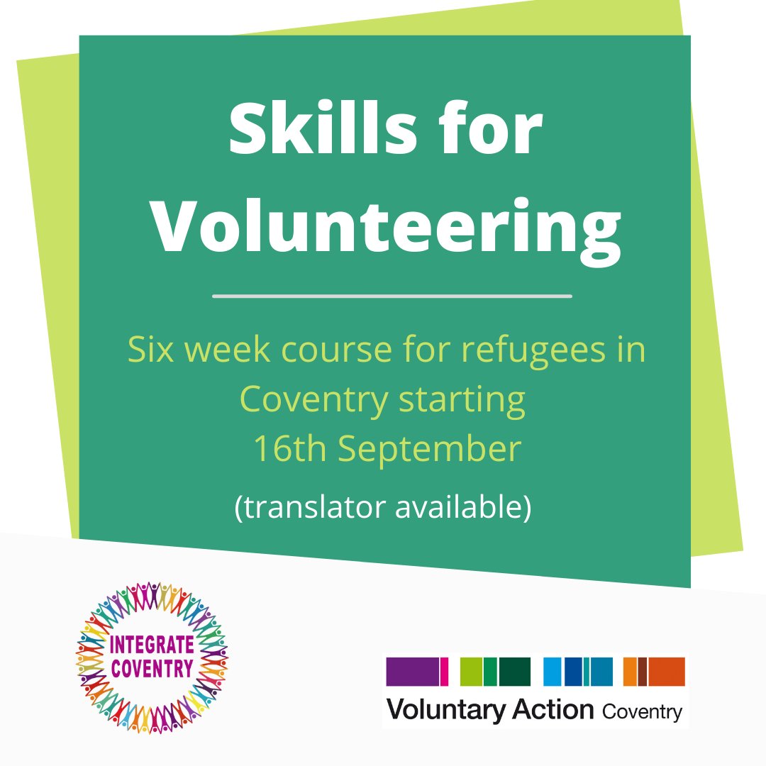VACoventry's tweet photo. Our free workshops provide refugees with the skills and confidence to make the most of living in the UK. The next six-week course starts Thurs 16th Sept (Arabic translator available). Contact integrate@vacoventry.org.uk to book a place. #volunteering #integratecoventry @CRMCCov https://t.co/Wwrd6jR8Zz