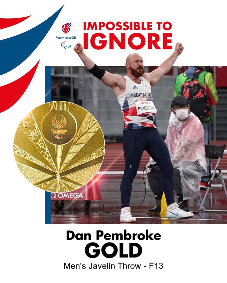 ParalympicsGB's tweet photo. It’s GOLD for Dan Pembroke!🥇 

Our first ever medal in the F13 javelin 🙌

My goodness. What a result!

#ImpossibleToIgnore 
#Paralympics https://t.co/iiSyCJqk3R