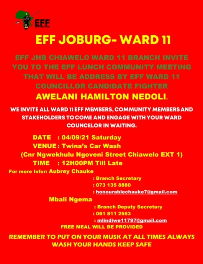 Honourablechauk's tweet photo. EFF JHB SOWETO WARD 11 Re busy.
#BusList
#500Voters
@EChiawelo
@EffJhbRegion https://t.co/si8EJd2SsD