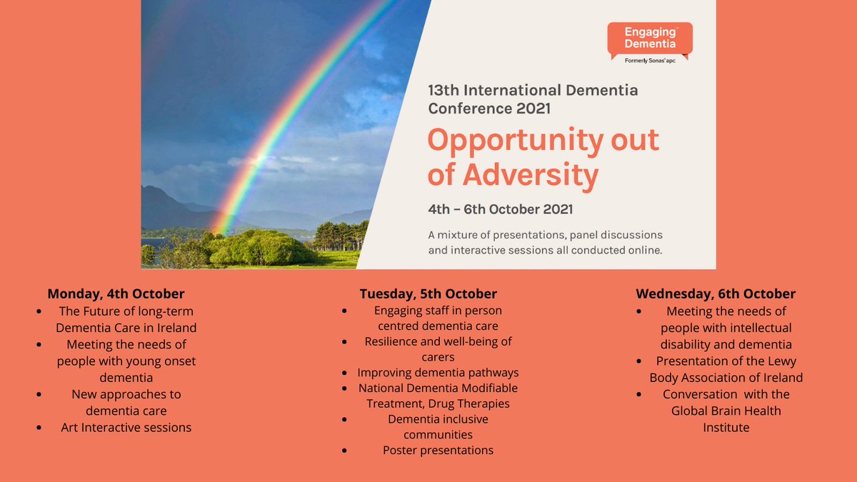 EngagingDemIrl's tweet photo. The programme of the #13dementiaconference is taking shape! Check out the latest updates at https://t.co/hKGghDf4wD
#dementiacare #youngonsetdementia #personcentredcare #nursinghome #familycarers #dementiainclusive #intellectualdisability @LewyBodyIRL @GBHI_Fellows https://t.co/zFt7heOw34