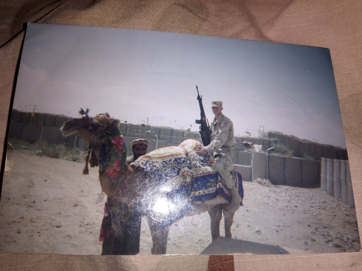 TheHarryBalczak's tweet photo. Me on a camel at the bazaar near the gate at BAF. I know it kinda looks like im humpin it, but im not. Girlfriend wanted a picture of me on a camel, so thats what the lady got๐คทWasnt even my rifle, it was some rando person's that was walkin by. Lol. #pogLyfe https://t.co/imtme6YY0v