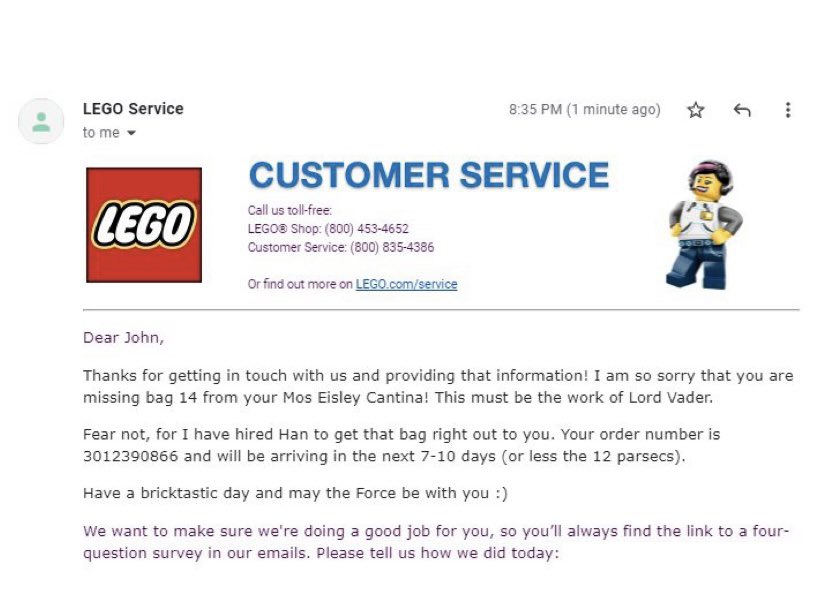 asaarinen's tweet photo. Masterclass in customer service response. Well done Lego-Jedi. 👏#KnowThyCustomer https://t.co/3Pvri7n4HY