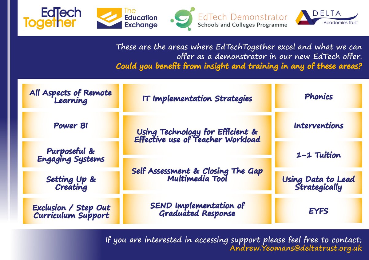 EdTechTogether1's tweet photo. Could you benefit from support in any of these areas? Get in touch to see how we can help! #edutwitter #EDUcators #edtechchat #edtechdemo https://t.co/AC4LboO9RF