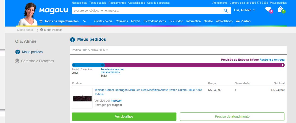 AlinneBarrozo's tweet photo. @magazineluiza  Tem um recadinho para um péssimo atendimento. Além do atraso infinito na entrega.
Meu pedido foi faturado no dia 29 de julho e a previsão de chegada foi no dia 13 de agosto. https://t.co/rJGESvLYl4