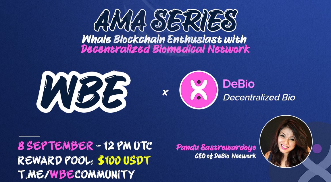 WhaleBlockchain's tweet photo. Whale Blockchain Enthusiast will hold an AMA with @DeBio_Network on the 8th of September at 12 PM UTC.

📍Venue: https://t.co/e3bOFT9fpS
💰Reward Pool: $100 USDT

Rules: 
1️⃣ Follow @WhaleBlockchain &amp; @DeBio_Network 
2️⃣ Like, RT, tag 3 friends &amp; ask your questions bellow https://t.co/tm6GBc2yaQ