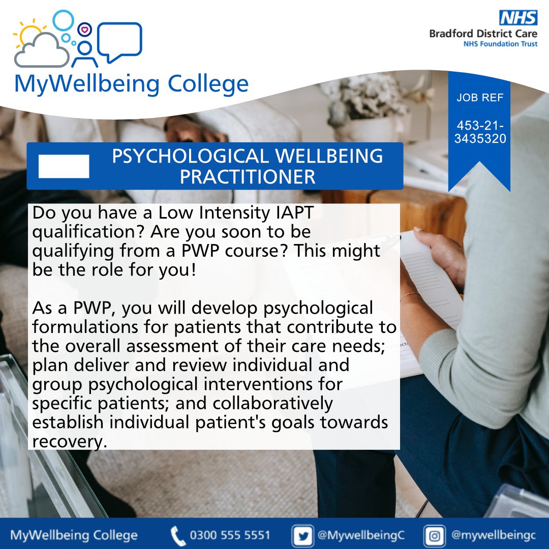 We're hiring! You can join @BDCFT's MyWellbeingCollege as an #IAPT #PsychologicalWellbeingPractitioner. Do you have what we're looking for? Apply via: bit.ly/3jE59xP | closing date: 12/09/2021 #PWPJobs #NHSjobs #PWP