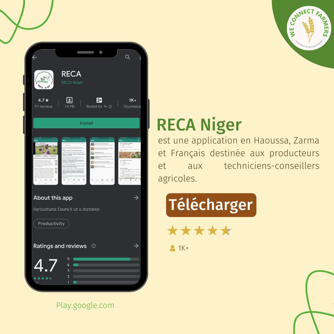 WConnectFarmers's tweet photo. #RECANiger est une application mobile de conseils agricoles à distance et accessible sur la plateforme et téléchargeable sur votre smartphone: https://t.co/ZLGbkUNMt6
#weconnectfarmers #agriculture #ICT4Ag #farming  #Niger https://t.co/SQYTbLQBEN