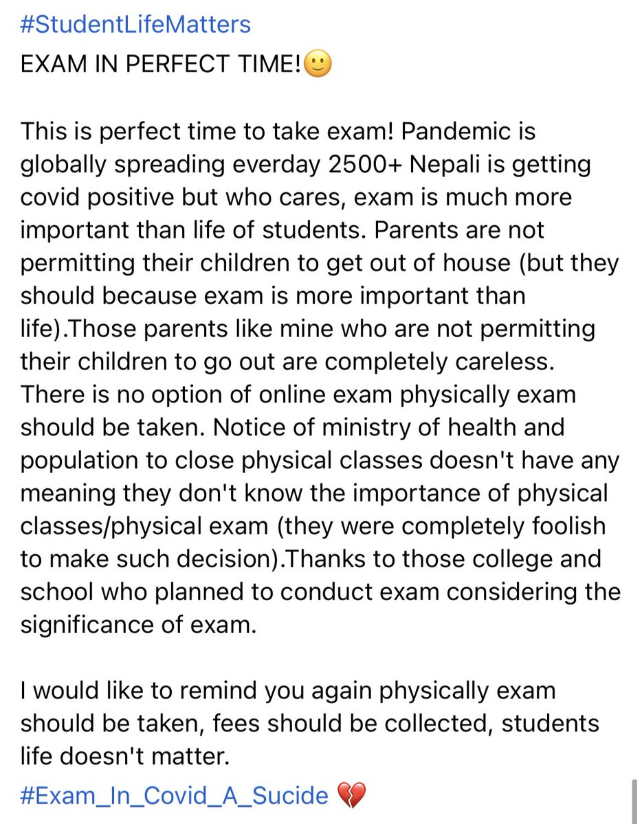 MousamPoudel1's tweet photo. #ExamsAfterSecondDose Exams in covid is sucide 💔 https://t.co/HlpHcG1cgg
