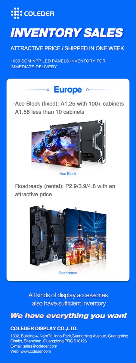 Katheri72326574's tweet image. Do you have any items in a hurry to ship recently?  If so, you shouldn't miss this news. Now in Europe, we have enough inventory of LED displays with preferential price. And can be shipped immediately. Hurry up and contact me!
#coleder #npp #ledwall #ledscreen #Europe