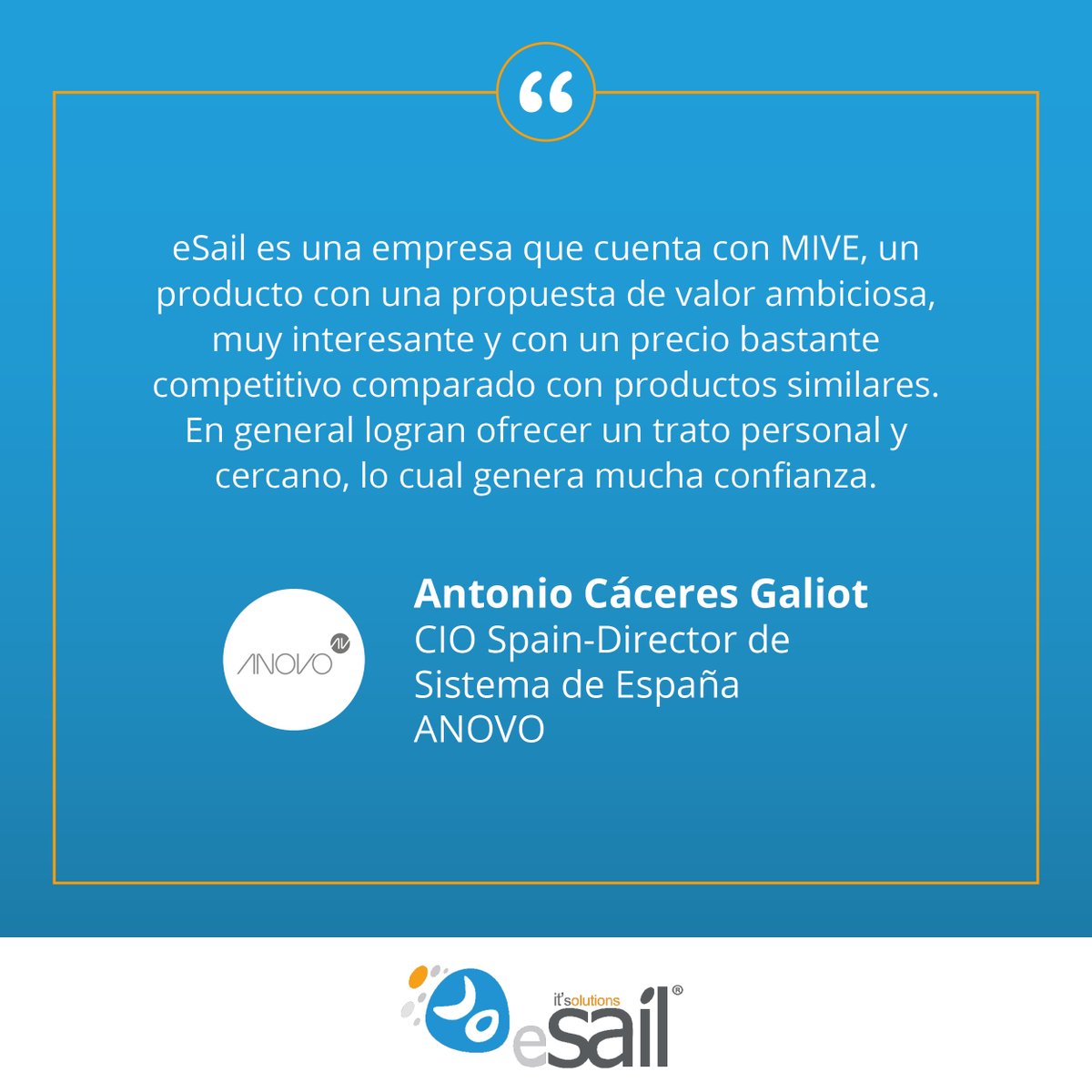 eSail_ITs's tweet photo. En @eSail_ITs, nuestros clientes y su satisfacción es lo más importante. 

Muchas empresas apuestan por la innovación y confían en nosotros. Damos las gracias a ANOVO, empresa de soluciones tecnológicas y a su Director de Sistema en España, Antonio Cáceres, por ser una de ellas. https://t.co/QBVD3m0BMP