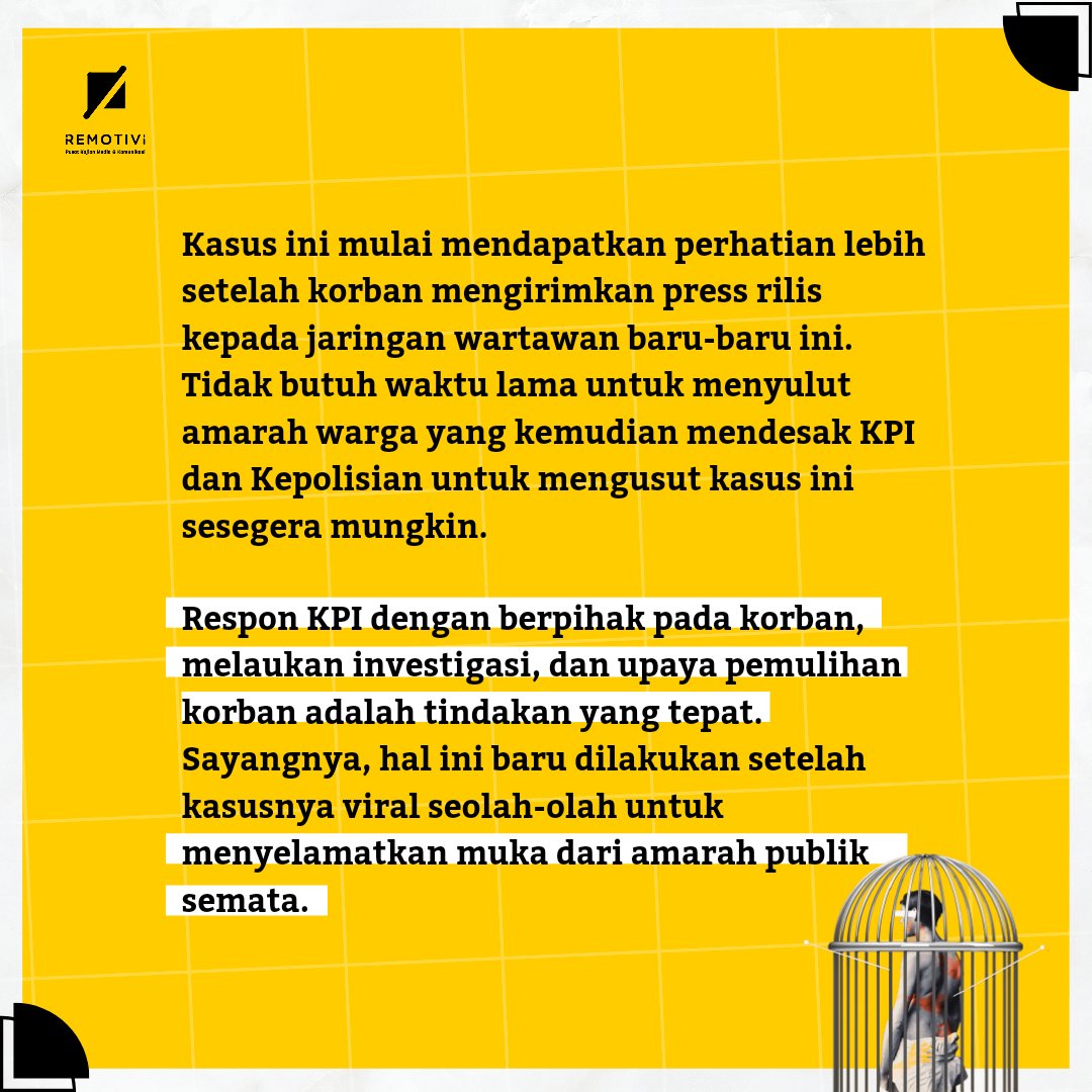 remotivi's tweet photo. Baru bereaksi setelah korban mempublikasikan ceritanya kepada publik adalah kondisi yang sangat tidak ideal dalam penanganan kasus perundungan dan pelecehan seksual. 

Kepolisian dan institusi terkait, @KPI_Pusat, semestinya sejak awal melindungi korban beserta privasinya. https://t.co/INf9Ddkh7b