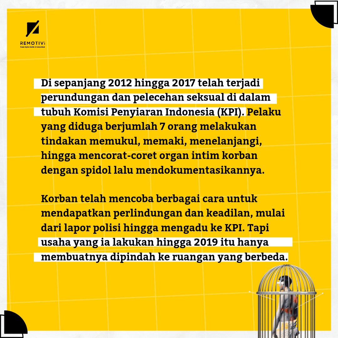 remotivi's tweet photo. Baru bereaksi setelah korban mempublikasikan ceritanya kepada publik adalah kondisi yang sangat tidak ideal dalam penanganan kasus perundungan dan pelecehan seksual. 

Kepolisian dan institusi terkait, @KPI_Pusat, semestinya sejak awal melindungi korban beserta privasinya. https://t.co/INf9Ddkh7b