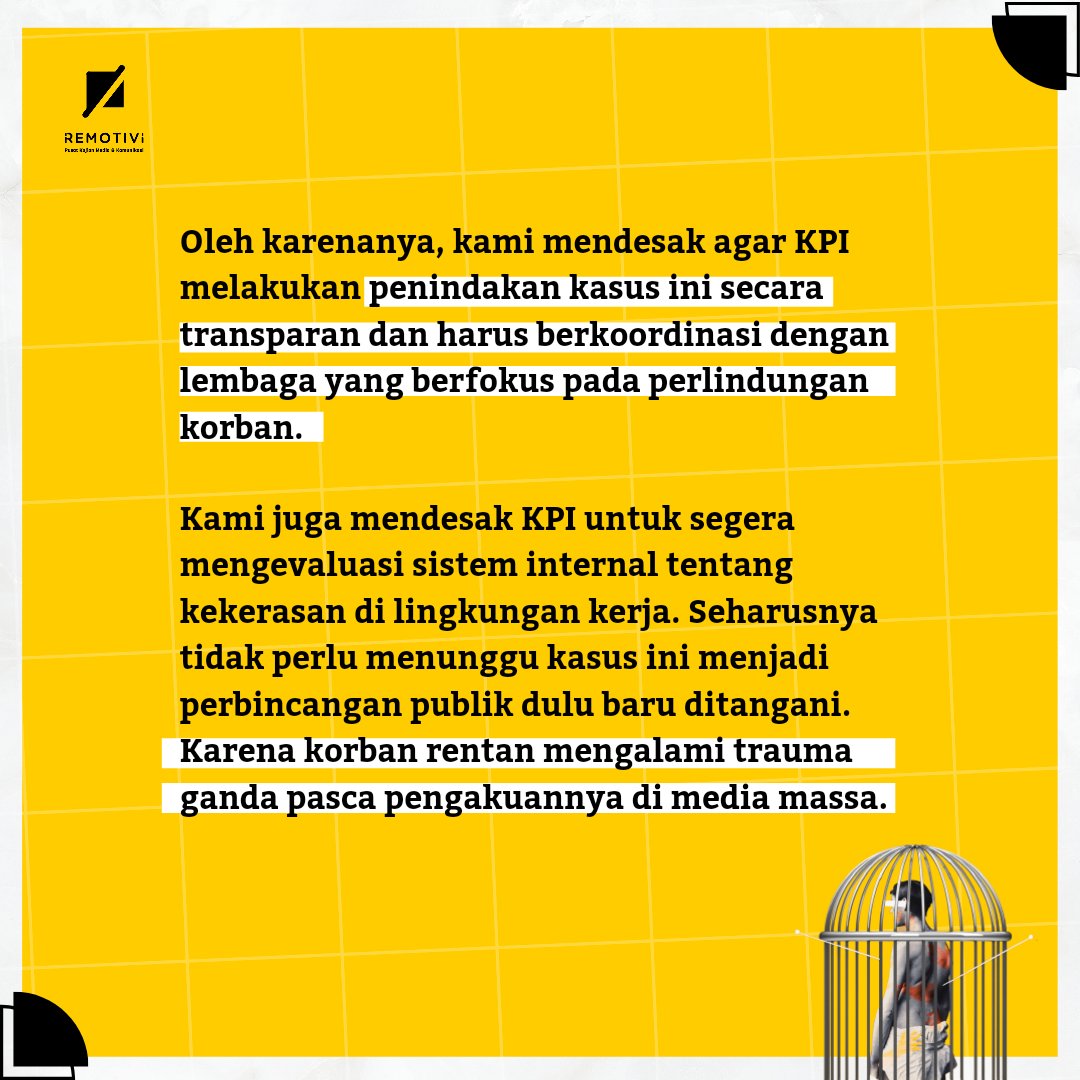 remotivi's tweet photo. Baru bereaksi setelah korban mempublikasikan ceritanya kepada publik adalah kondisi yang sangat tidak ideal dalam penanganan kasus perundungan dan pelecehan seksual. 

Kepolisian dan institusi terkait, @KPI_Pusat, semestinya sejak awal melindungi korban beserta privasinya. https://t.co/INf9Ddkh7b