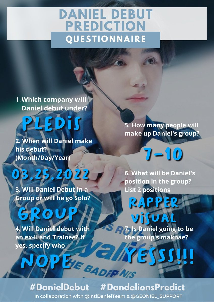 ink_zora's tweet photo. I really like predicting about this!! let's see if everything will happen or not?πππ
@IntlDanielTeam @GEONIEL_SUPPORT #DanielDebut #DandelionsPredict https://t.co/TtsjwaJQUU