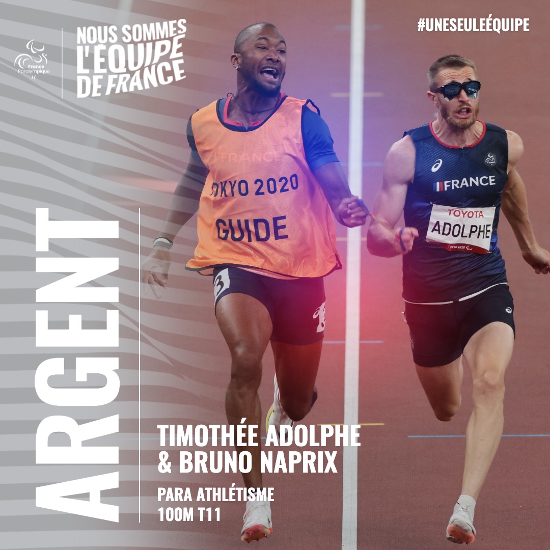 EquipeFRA's tweet photo. 🇫🇷🚨 VICE-CHAMPIONS PARALYMPIQUES !!! 

Il l'a enfin eue !! Timothée Adolphe et son guide Bruno Naprix décrochent la médaille d'argent et signent leur record personnel !

#AllezLesBleus #Tokyo2020 https://t.co/gGyhp9ue4C
