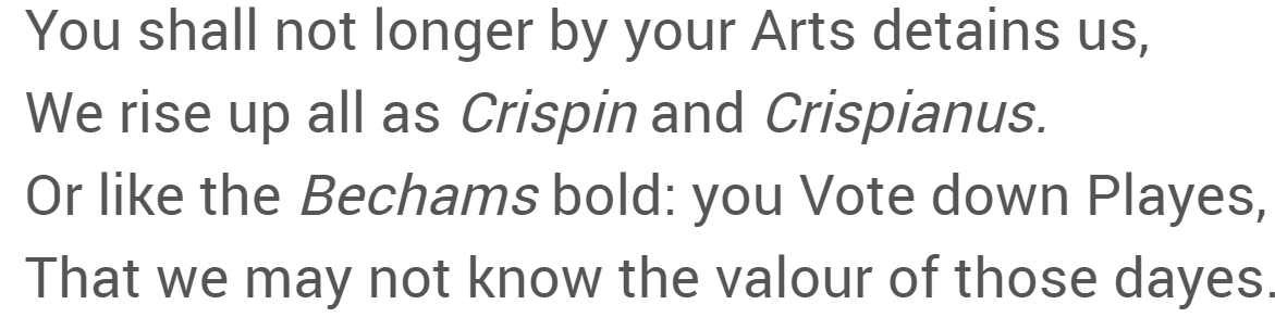 BunyanSociety's tweet photo. 'Troy-Novant' (1648) argued that the #godly closed the theatres during the #BritishCivilWar because they feared citizens would be inspired by the #Royalism &amp; fighting spirit in #Shakespeare's Henry V: 

"not longer by your Arts detains us
We rise up all as Crispin &amp; Crispianus" https://t.co/N6ZEnrtUhd