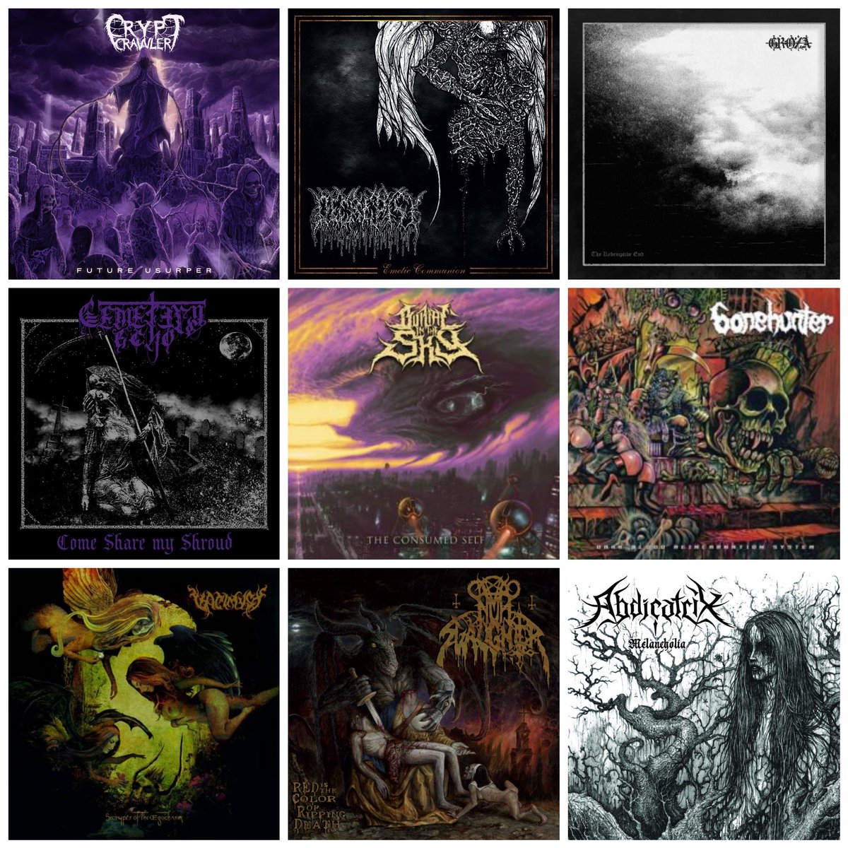 RobertoIanosi's tweet photo. #Top9 August 2021
Lot to catch up with but these stand out in the last month!
#CryptCrawler #Decrepisy #Groza #CemeteryEcho #BurialInTheSky #Bonehunter #Vaelmyst #Nunslaughter #Abdicatrix https://t.co/Mo83q9m1Se