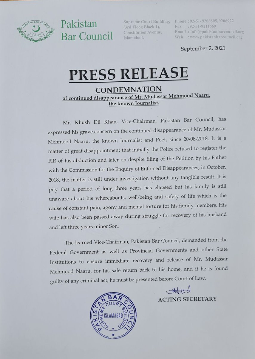PBCJDC's tweet photo. Statement of Condemnation by Pakistan Bar Council over the continued disappearance of journalist and poet/writer, Mudassar Naaru. https://t.co/P5aeBWKehT