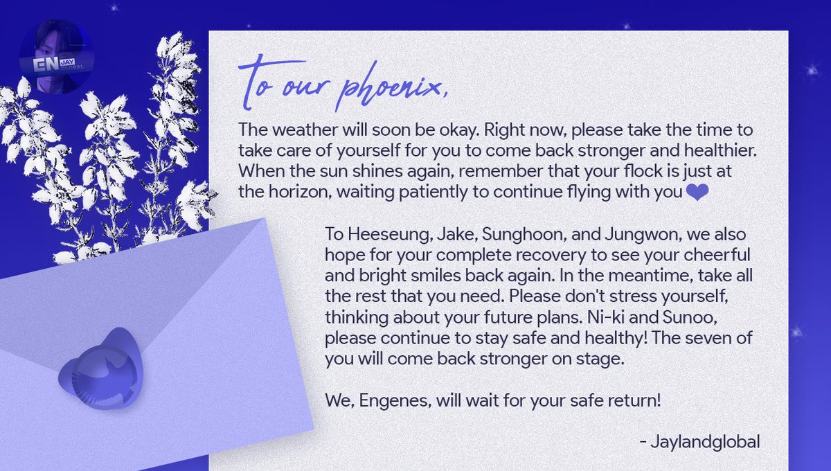 jaylandglobal's tweet photo. 📨 #JAYmail Delivery
Along with millions of engenes, we also pray for the fast recovery of Jay, Heeseung, Jake, Jungwon, Sunghoon and for the safety of Sunoo and Ni-ki. We will always be here waiting 💙
#제이 #JAY #엔하이픈_제이 #ENHYPEN_JAY @ENHYPEN @ENHYPEN_members https://t.co/S5HvFtuCCK