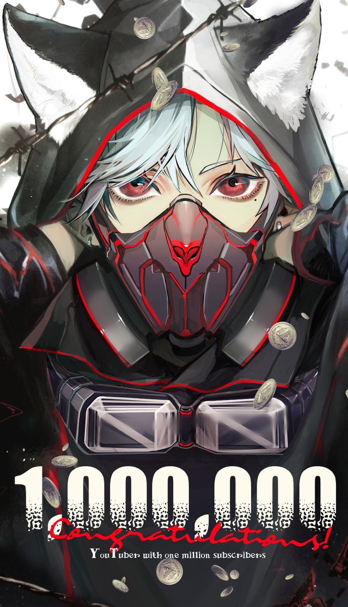 1boy animal ears hood male focus red eyes hood up solo  illustration images