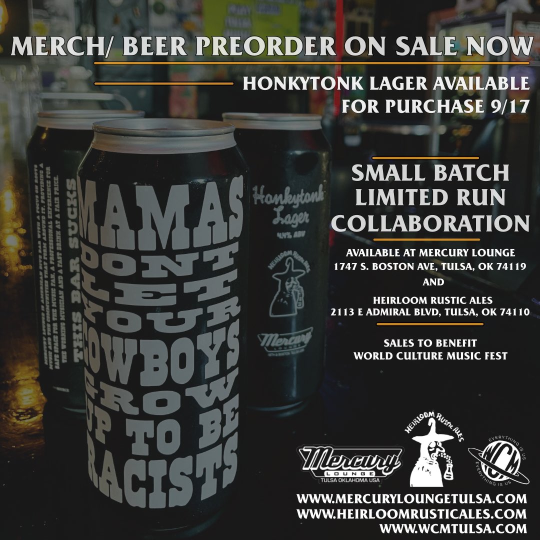 themerc_tulsa's tweet photo. 👋. We made a beer with @heirloomrustic and it rules. A portion of proceeds to benefit #WorldCultureMusicFest. Presale available now with merch bundle, available in house and to go at Mercury and Heirloom starting 9/17. Tell yer friends! #thisbarsucks #thisbeerdoesnot #tulsa https://t.co/yj6zVRF33W