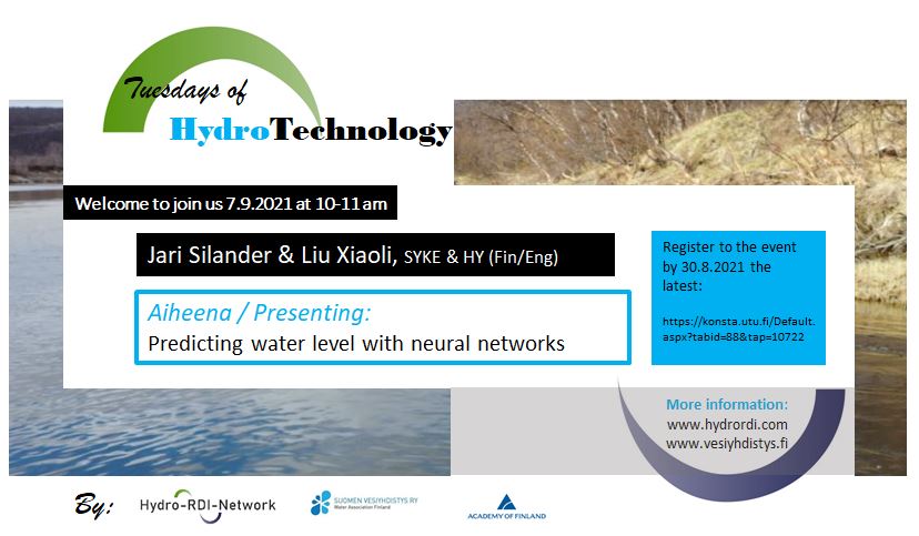 SYKEint's tweet photo. How do you predict water levels with #NeuralNetworks? Join the next Tuesdays of #HydroTechnology webinar with Jari Silander from @SYKEinfo and Liu Xiaoli from @helsinkiuni on Tuesday 7.9. at 10-11.
Register here: https://t.co/UHGo3jHz3y
#Hydrology #HydroRdiNetwork https://t.co/tTBMjR4wrF