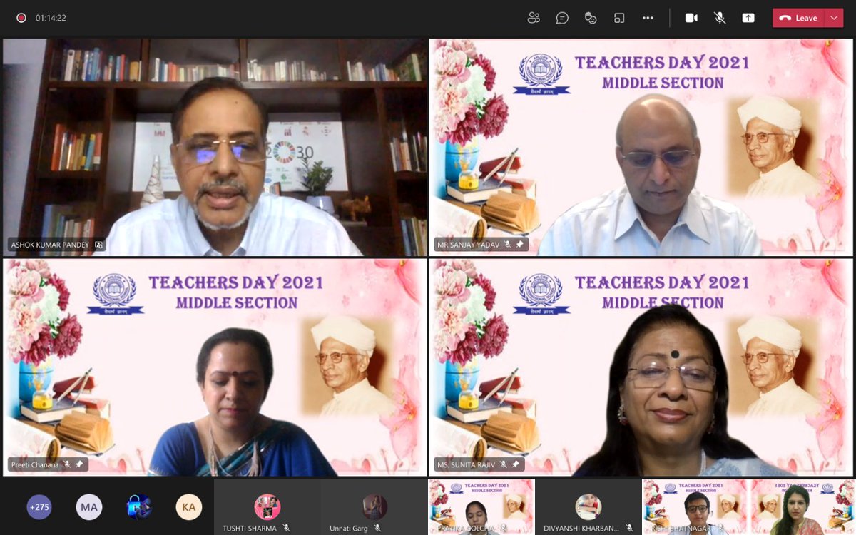 soniaranand's tweet photo. Middle section of Ahlcon International school celebrated Teachers day virtually  commemorating Dr Sarvepalli RadhaKrishnan with great zeal and zest.
#dance #song #panel discussion #instrumental medley #titles 
@sunita_rajiv  @PreetiChanana1 @namita6471 @y_sanjay https://t.co/XuCZBn0EjJ