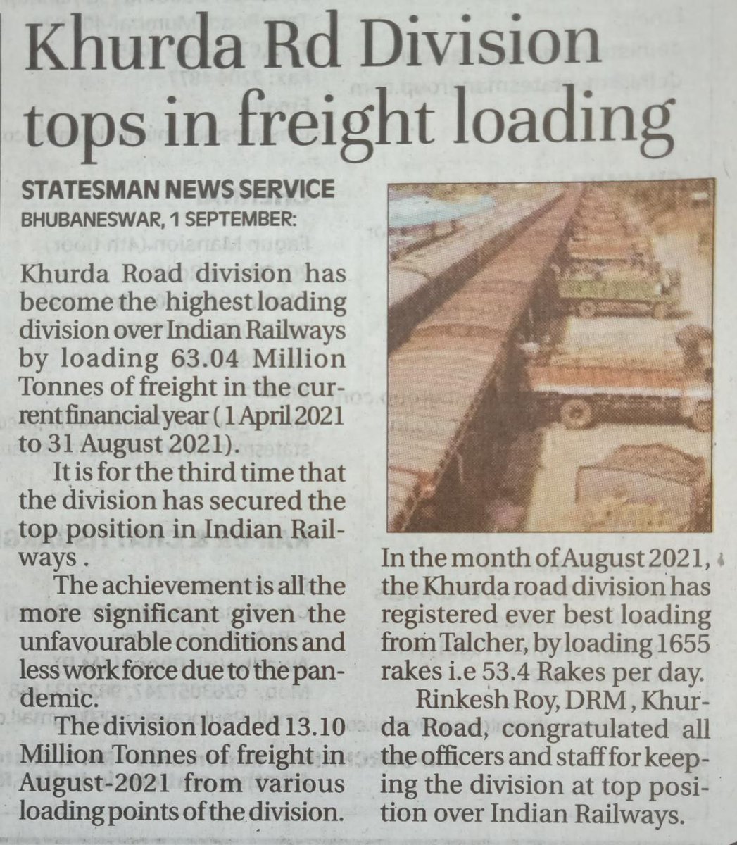 DRMKhurdaRoad's tweet photo. @RailMinIndia 
Khurda Road Division of @EastCoastRail tops in freight loading. 
It is the highest loading Division of Indian Railways for Aug'2021 and also in cumulative freight loading till 31st August of 2021-22, i.e from 1st April to 31st August.
@DRMSambalpur @DRMWaltairECoR https://t.co/MGaEuyAaf1