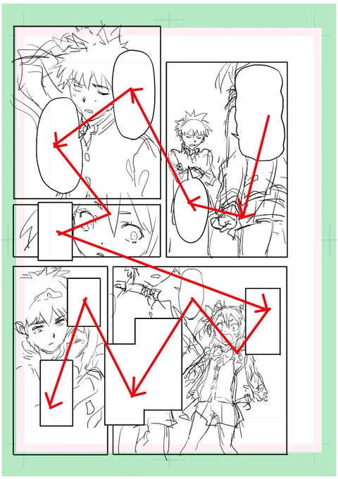 漫画の描き方の基本だけどやっぱり文字を読むのが一番時間かかるから、なるべくスムーズに字を読める配置にしつつその間に見せたい情報を置いていく、という工程もこのやり方だと自分でも解りやすくなる! 