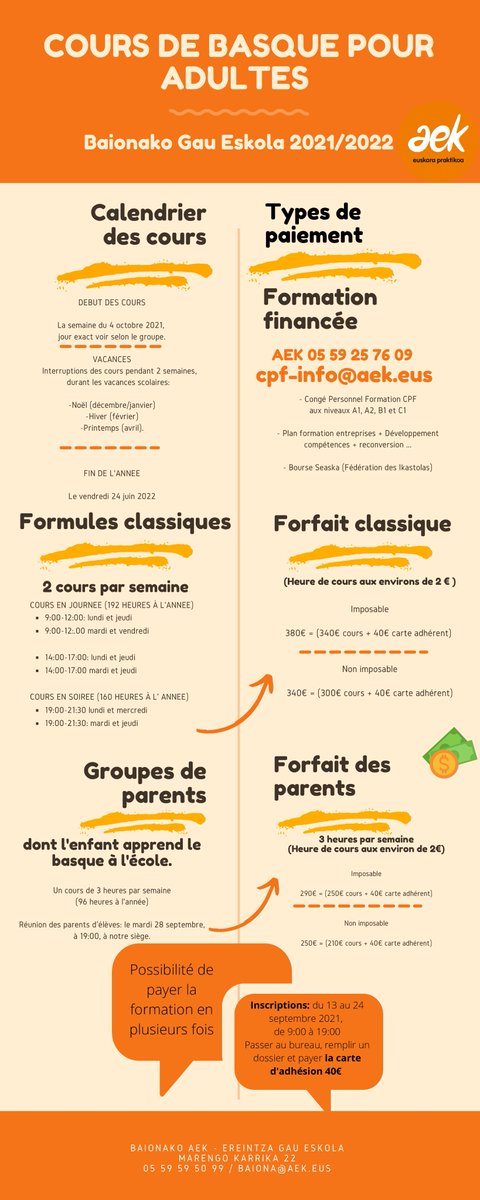INSCRIPTIONS

- Au forum Herrixka le 4 septembre.

- Au forum des associations le 11 et 12 septembre

-Au bureau de la Gau Eskola du lundi 13 septembre au vendredi 24 septembre, de 9 heures à 19 heures.