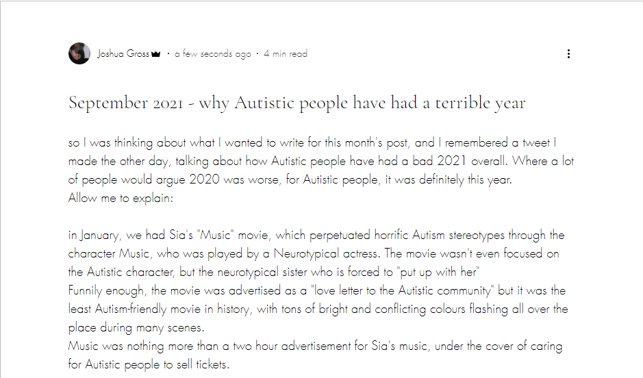 jbg0801_2's tweet photo. new post on my blog which expands a bit on the Tweet I made the other day regarding how terrible of a year 2021 has been for #ActuallyAutistic people (Sia's Music, #ColorTheSpectrum, #StopTheShock & #Spectrum10K are all covered)
https://t.co/OT0AvgvyP4 https://t.co/x4EPKLjsHy
