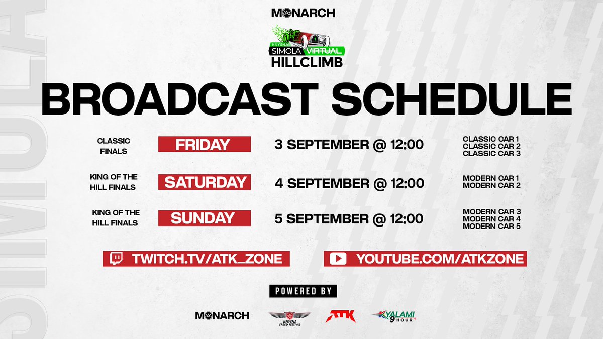 monarchza's tweet photo. It's Finals for the Monarch Simola Virtual Hill Climb this weekend! Here is the broadcast schedule.๐ฅ
The green flag drops tomorrow at 12:00 pm๐
Watch here:
๐ดTwitch- https://t.co/POWbdLWULI
๐ดYouTube - https://t.co/gueKq3Svc7
#ToReign๐ https://t.co/4MmqGR851w
