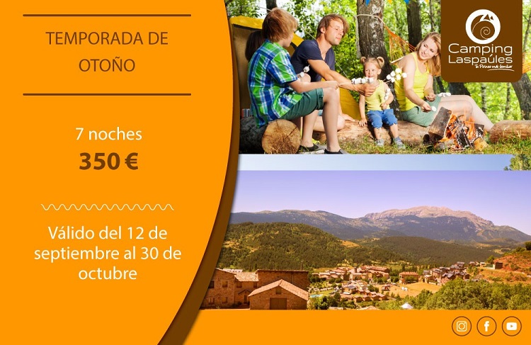 SelloTurismoFam's tweet photo. Consulta la oferta para 7 noches en bungalow o apartamento de #Camping #Laspaúles para reservar entre el 12 de septiembre y el 30 de octubre https://t.co/OcBCn6RNpE #TurismoFamiliar #CampingconEncanto #CampingFamiliar #Huesca https://t.co/VYpHWCS0PO