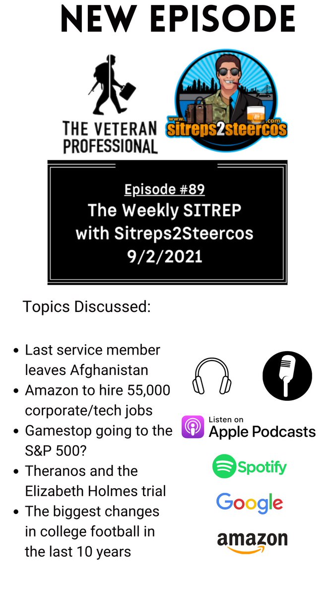 thevetpro's tweet photo. New episode with @S2Steercos 

Topics discussed:
#Afganistan withdrawal

@amazonmilitary : Amazon to hire 55k people 

#Theranos trial #ElizabethHolmes 

#Gamestop in S&amp;P 500?

Big changes in college football https://t.co/GW4YOdpsfm