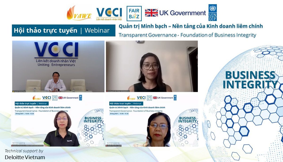 UNDPJINASEAN's tweet photo. A snapshot of the latest @UNDPVietNam Transparent #Governance Webinar in 🇻🇳 w/ 150 participants & support from @FCDOGovUK @UKinVietnam @Deloitte
And welcome to the Vietnam Association For Women Entrepreneurs #VAWE as the 15th member of Vietnam #BusinessIntegrity Network #VBIN! https://t.co/XuKfVZA08R