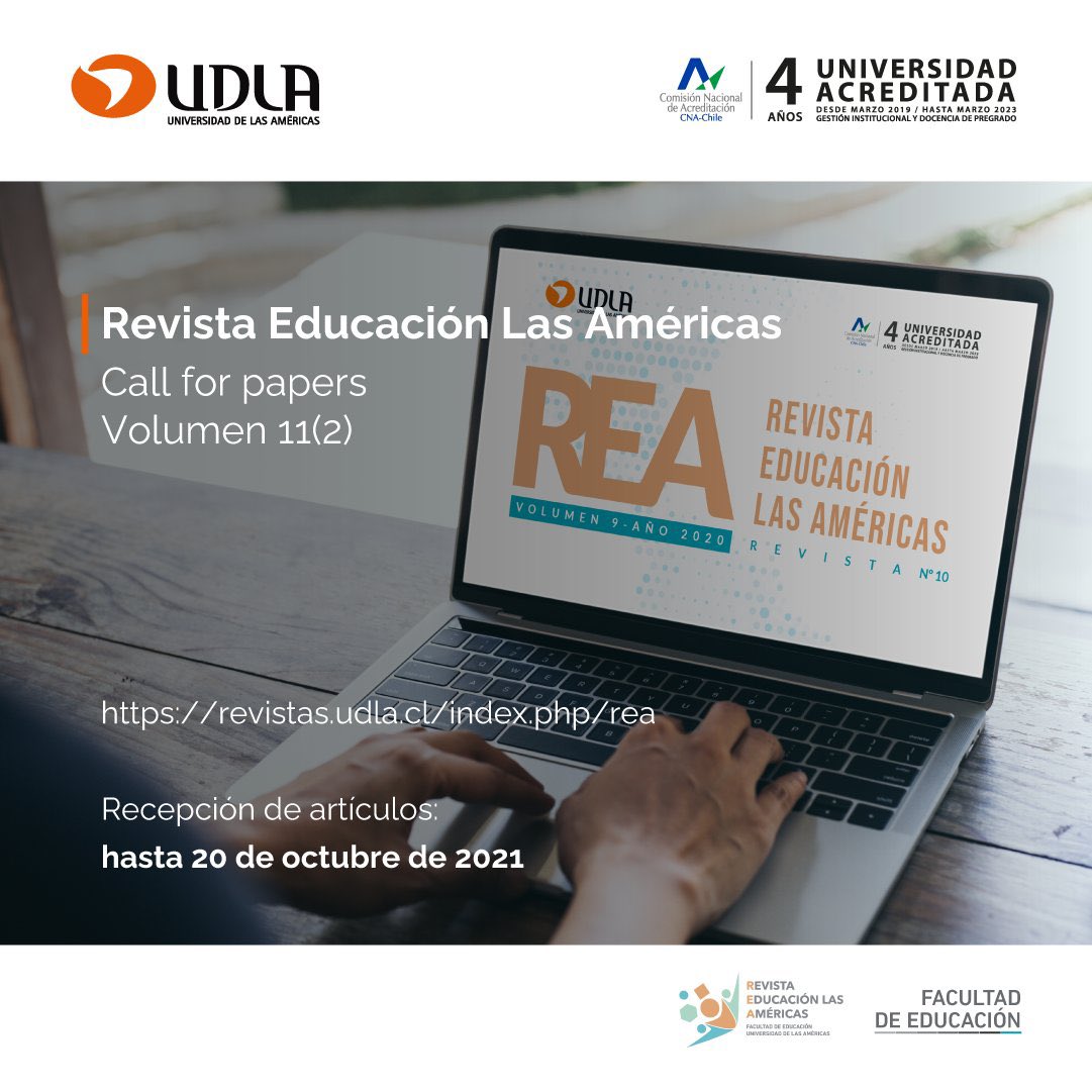 Ya está disponible la plataforma para el envío de artículos en la Revista de Educación Las Américas de #UDLA 
Se invita a todos los académicos e investigadores a poder hacer su envío a través del siguiente link: revistas.udla.cl/index.php/rea 
<a href="/FeduUdla/">Facultad de Educación UDLA</a> <a href="/UDLA_CL/">UDLAChile</a> <a href="/rea_udla/">Revista Educación Las Américas</a> <a href="/UDLAInvestiga/">Investigación UDLA</a>