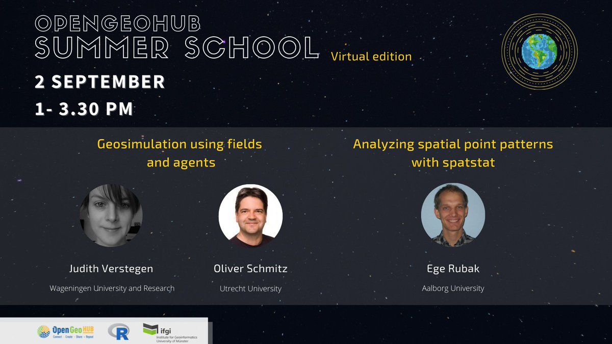 The OGH Summer School 2021 continues 🖥️ 
Today we'll explore geosimulations & spatial point patterns with #spatstat with Judith Verstegen @WUR Oliver Schmitz @UtrechtUni & Ege Rubak @AAUniversities 
Follow the live👉 bit.ly/3gV8Q0o
#opensoftware #datascience #education