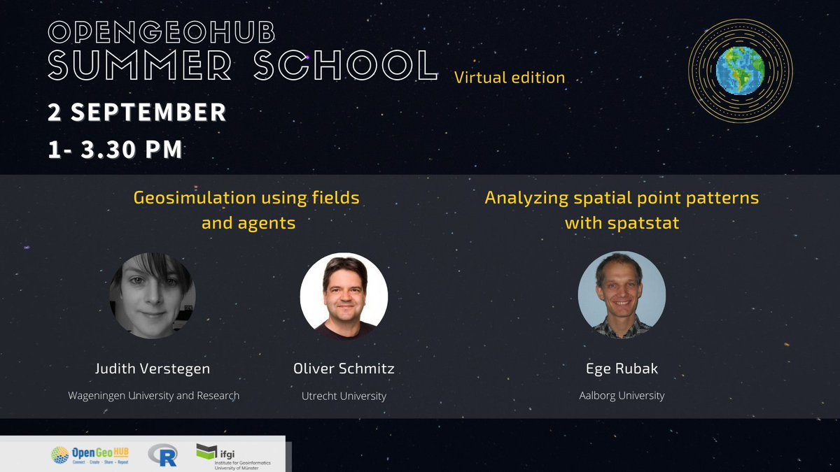 opengeohub's tweet photo. The OGH Summer School 2021 continues 🖥️
Today we'll explore geosimulations & spatial point patterns with #spatstat with Judith Verstegen @WUR Oliver Schmitz @UtrechtUni & Ege Rubak @AAUniversities
Follow the live👉 https://t.co/SGAZ7xECOg
#opensoftware #datascience #education https://t.co/U6wN48v5UO