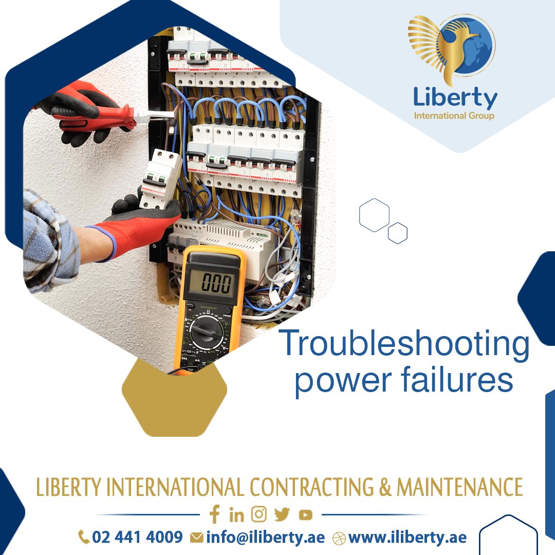 ilibertyae's tweet photo. It is important to know about the possible causes of power failure in order to better protect ourselves and our businesses from its devastating effects.

Contact Us For Help!
@ilibertyae
info@iliberty.ae
02 441 4009
https://t.co/0ARQl5gJXm

#safetyfirst #electricity #poweroutage https://t.co/te6wDRIPi7
