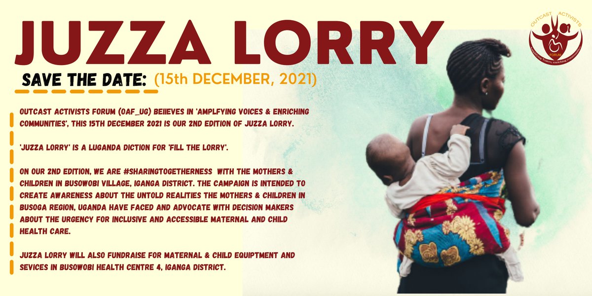 OAF_ug's tweet photo. SAVE THE DATE!
This 15th December 2021, we are #sharingtogetherness with the Mothers & New Born Children in Busowobi Health Centre, Iganga District.
Stay Tuned for more details on how to participate in this fundraising drive of #JuzzaLorry2ndEdition https://t.co/Y6x63qqdEk