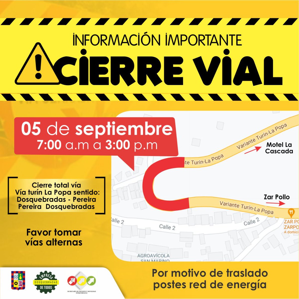 AlcaldiaDosq's tweet photo. ⚠️Ojo al dato de #Movilidad 🧐 
 
El 05 de septiembre habrá cierre de vía desde y hacia Pereira en horarios establecidos. 

Solicitamos a la comunidad tomar vías alternas. 🚗🚙🚘 https://t.co/k3V5kWGwtr https://t.co/rXBQ6gsLJ9