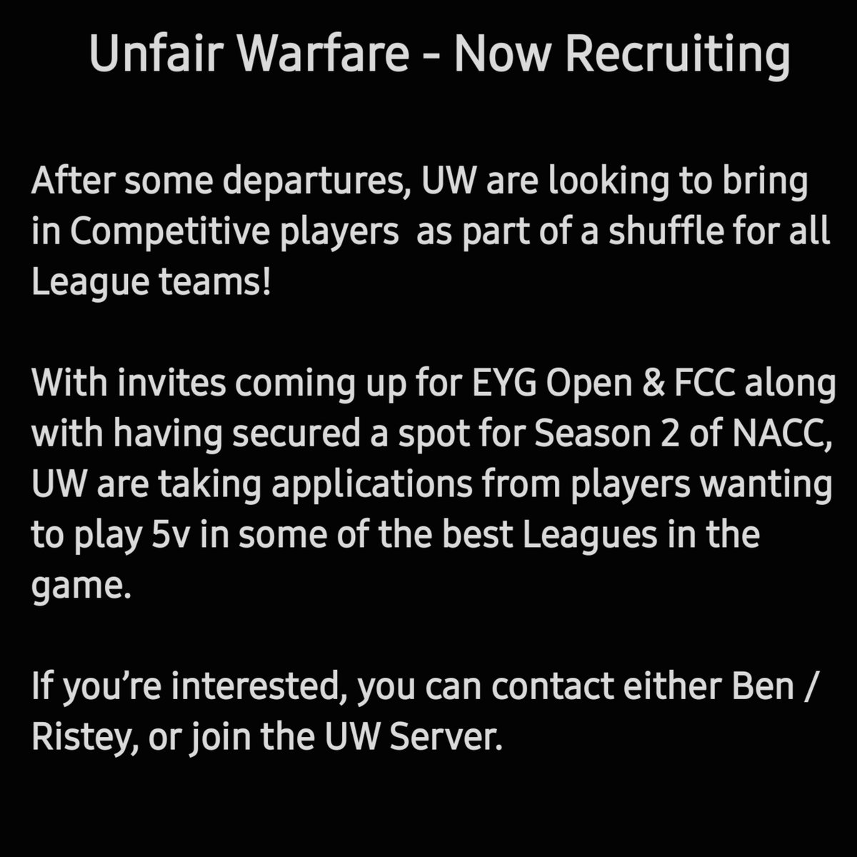 BeN84_'s tweet image. Unfair Warfare - Now Recruiting

looking for players to fill out invites to @EYG_FamilyCoC, @FrenchCup and Season 2 of @NorthernArena. If you are interested please contact @Ristey3 or @BeN84_ alternatively you can join our discord server to discuss discord.gg/bAv3SCN