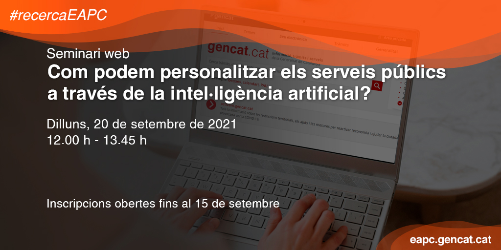 eapccat's tweet photo. 🔜 Seminari web: Com personalitzar els #ServeisPúblics a través de la #Intel·ligènciaArtificial? 👥 Amb @ictlogist, @osimod, @claravelascoric, @agusti_cerrillo i @NuriaEspuny #SaveTheDate 

🗓 20/9/21
🕛 12h-13.45h
💻 Zoom
📑 Programa i inscripcions: https://t.co/de7FcGmKSH https://t.co/Hqk1Yxmq69