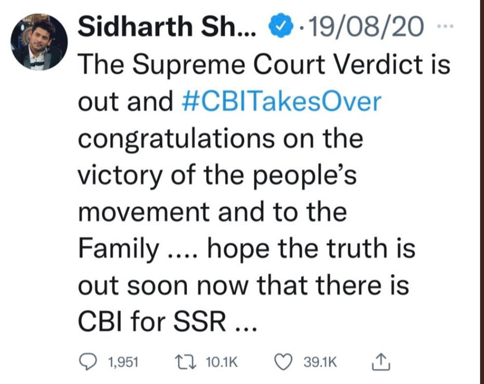 This SS of his tweet breaks my heart 💔💔

SSRIANS are standing strong with #SidHearts 
Love, power &amp;  more strength to them 🙏🏻

#SiddharthShukla 
SC Ask CBI Report 4 SSR