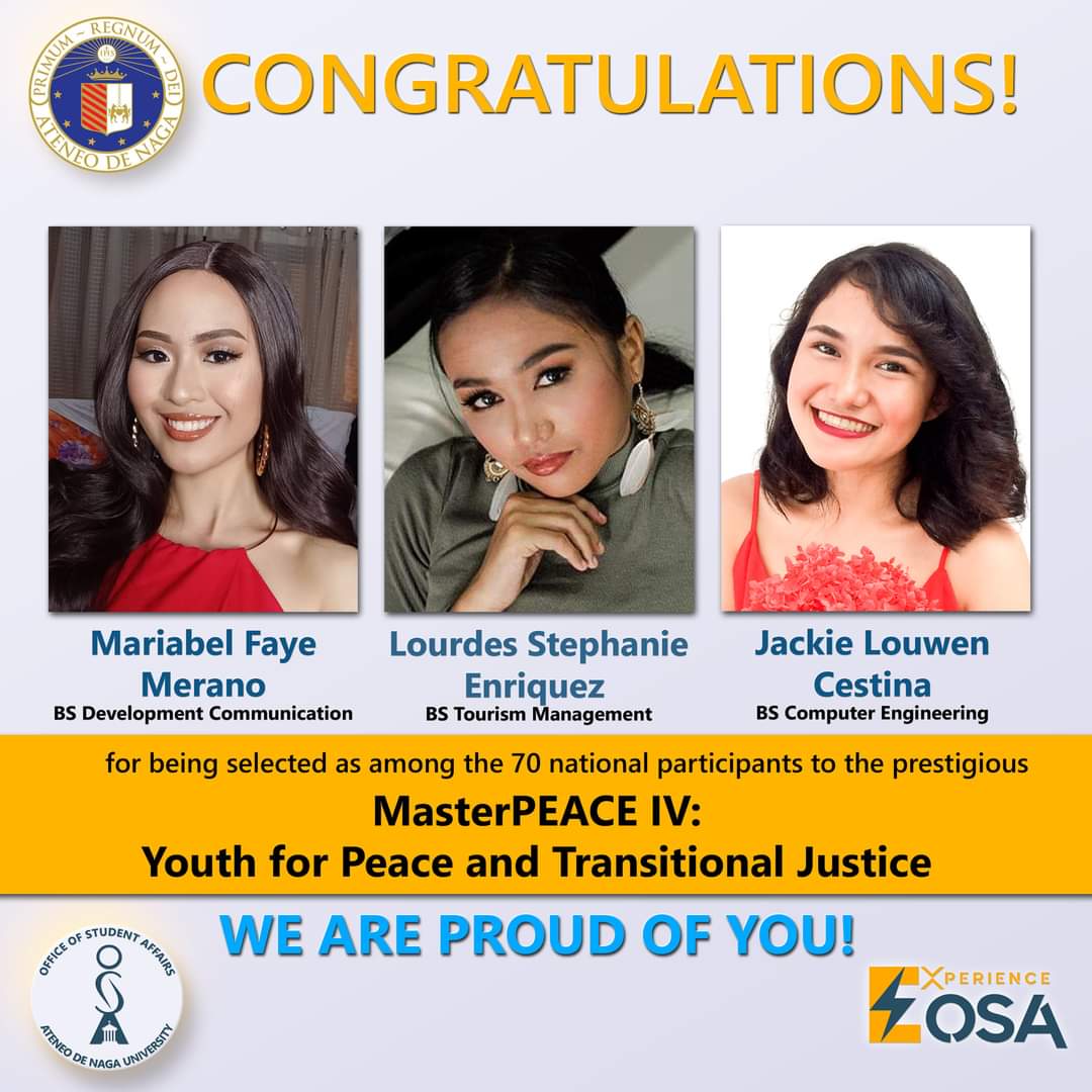 ADNU_Official's tweet photo. CONGRATS to the 3 Ateneans who were chosen by the Presidential Adviser on the Peace Process as DELEGATES to the MasterPEACE IV: Youth for Peace and Transitional Justice this September 2021!

#AdnuOsa #KudosAtenista

Source: ADNU OSA FB Account https://t.co/rKq4pvMGVF